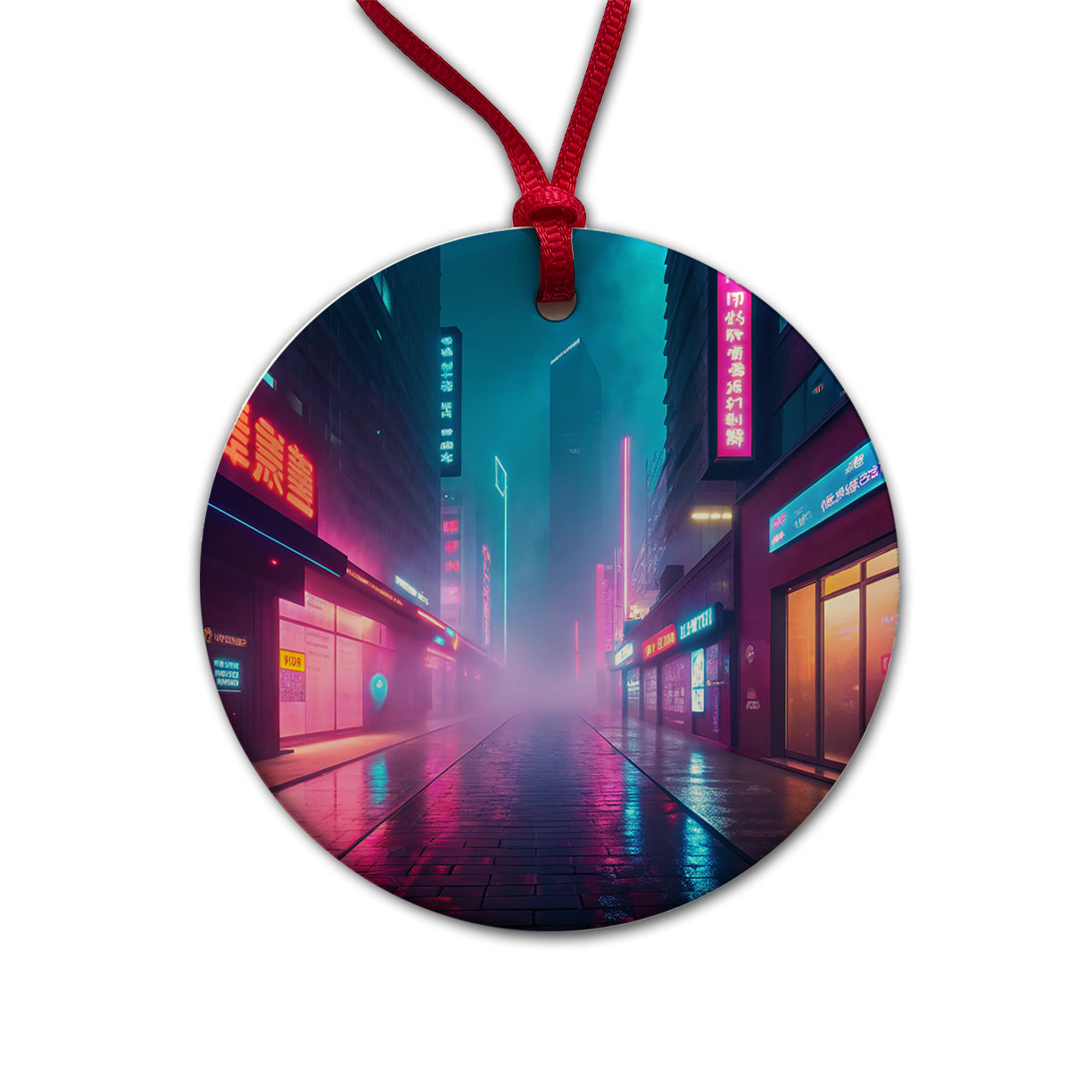 Futuristic City Alley Night Glowing Signs Misty Round Ceramic Holiday Christmas Tree Ornament