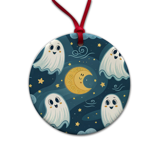 Ghosts Smiling Floating Night Sky Halloween Round Ceramic Holiday Christmas Tree Ornament