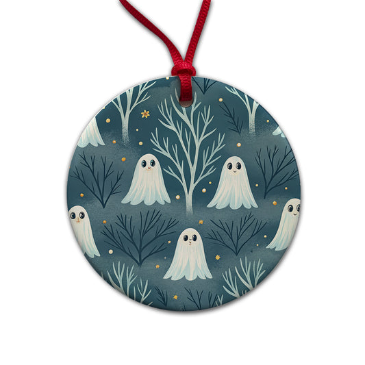 Ghosts Smiling Halloween Sparse Trees Round Ceramic Holiday Christmas Tree Ornament