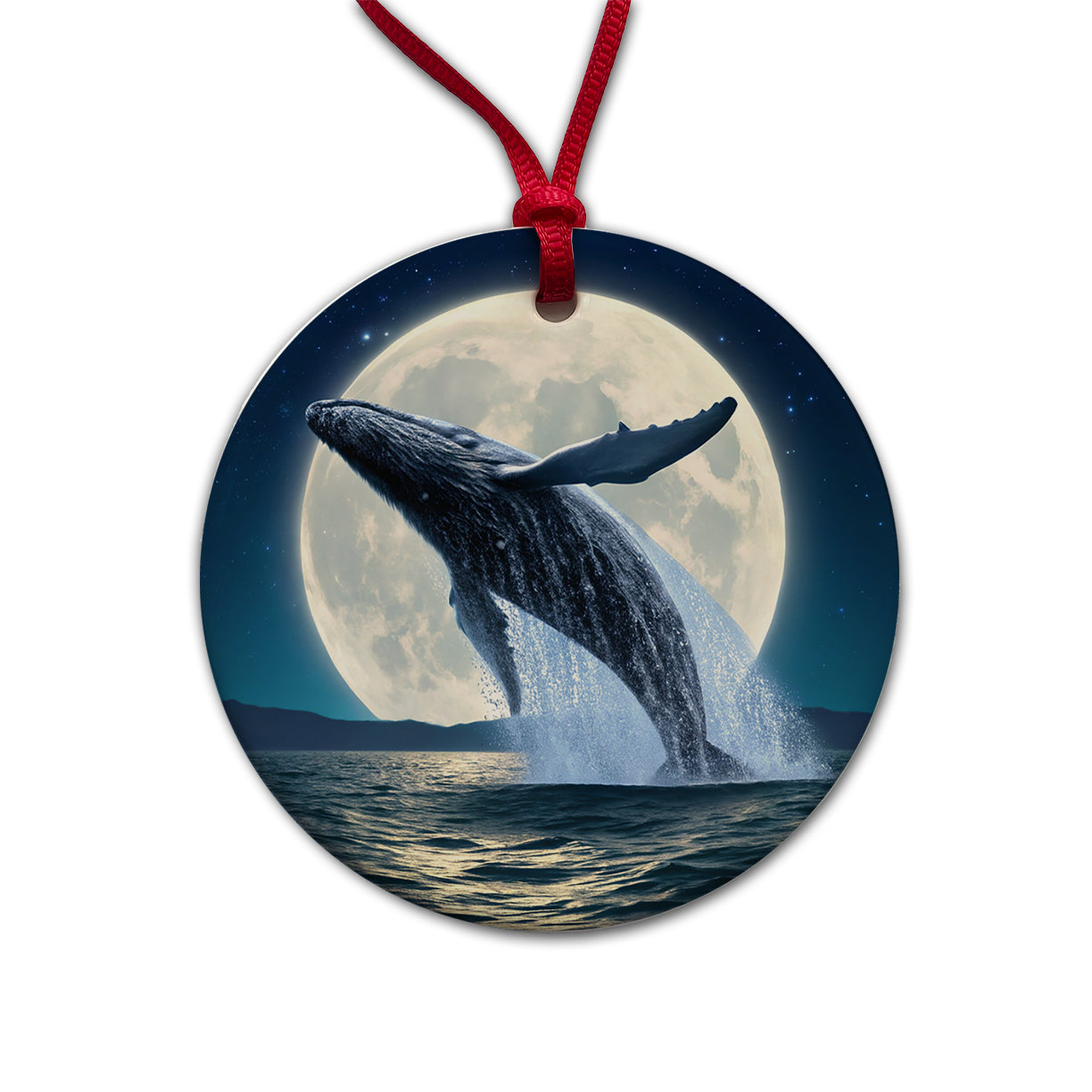 Giant Whale Leaping Over Ocean Moon Round Ceramic Holiday Christmas Tree Ornament