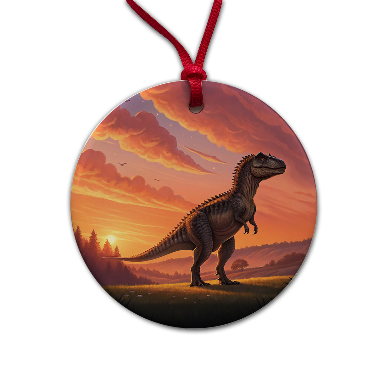 Giganotosaurus Standing Sunset Dinosaur Round Ceramic Holiday Christmas Tree Ornament