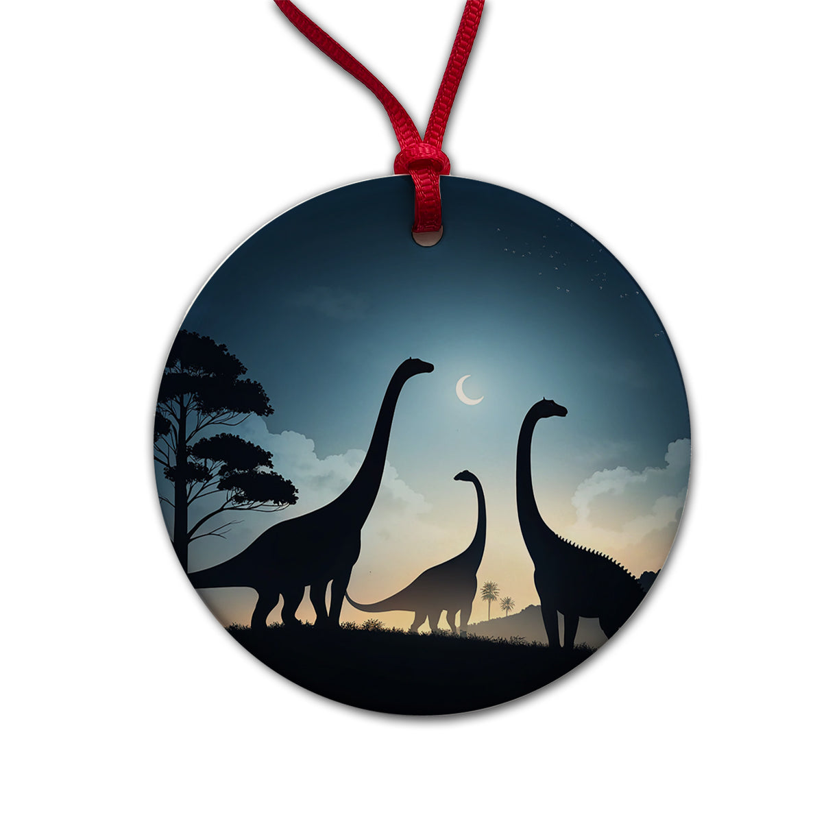 Gigantosaurus Silhouettes Moon Trees Dinosaurs Round Ceramic Holiday Christmas Tree Ornament