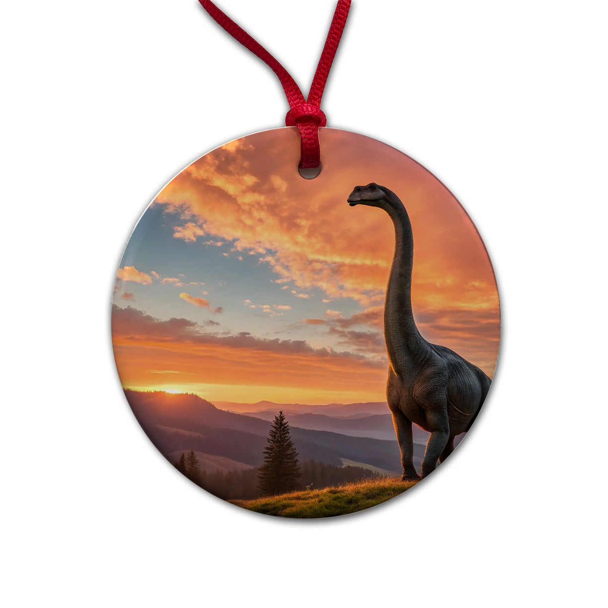 Gigantosaurus Sunset Dinosaur Sauropod Round Ceramic Holiday Christmas Tree Ornament