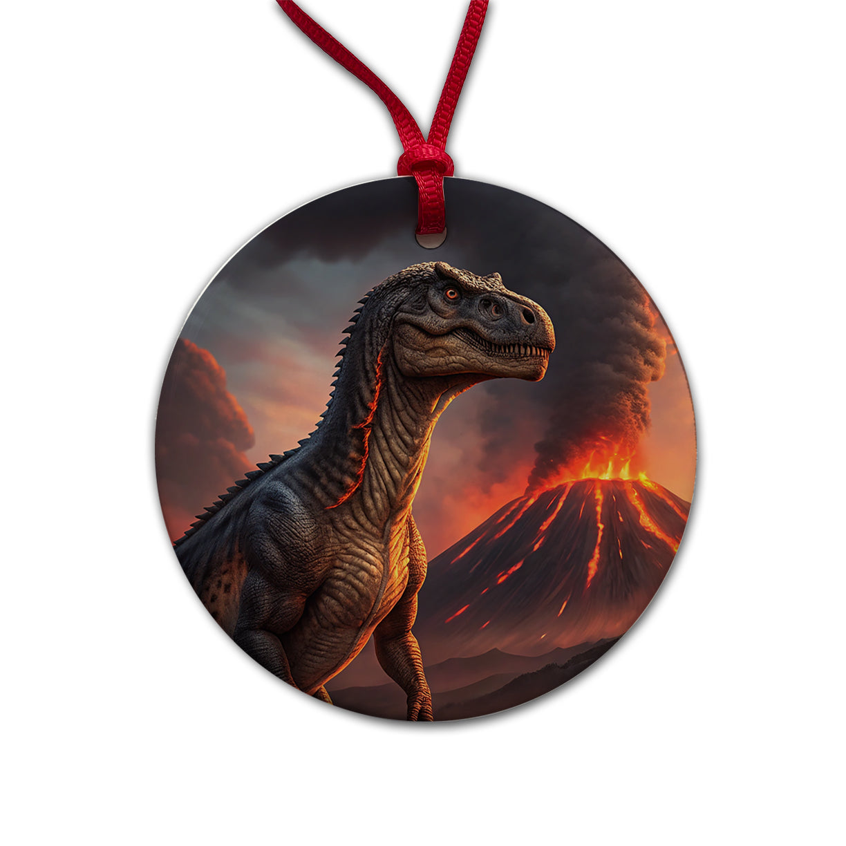 Gigantosaurus Volcano Erupting Dinosaur Round Ceramic Holiday Christmas Tree Ornament