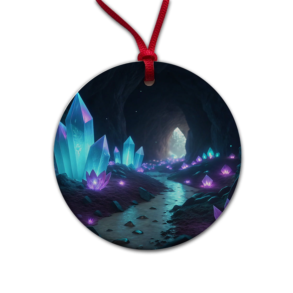 Glowing Crystals Dark Cavern Round Ceramic Holiday Christmas Tree Ornament