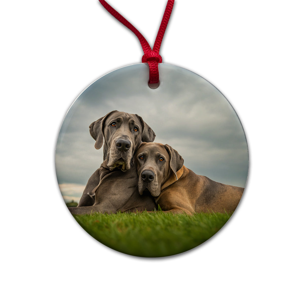 Great Danes In Love Friends Buddies Round Ceramic Holiday Christmas Tree Ornament