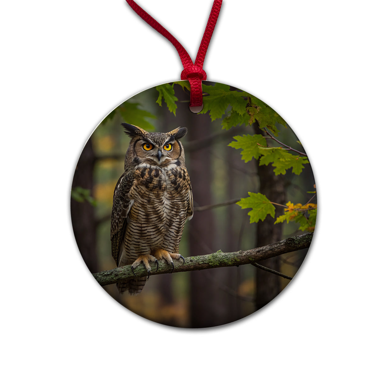 Great Horned Owl In Forest Round Ceramic Holiday Christmas Tree Ornament