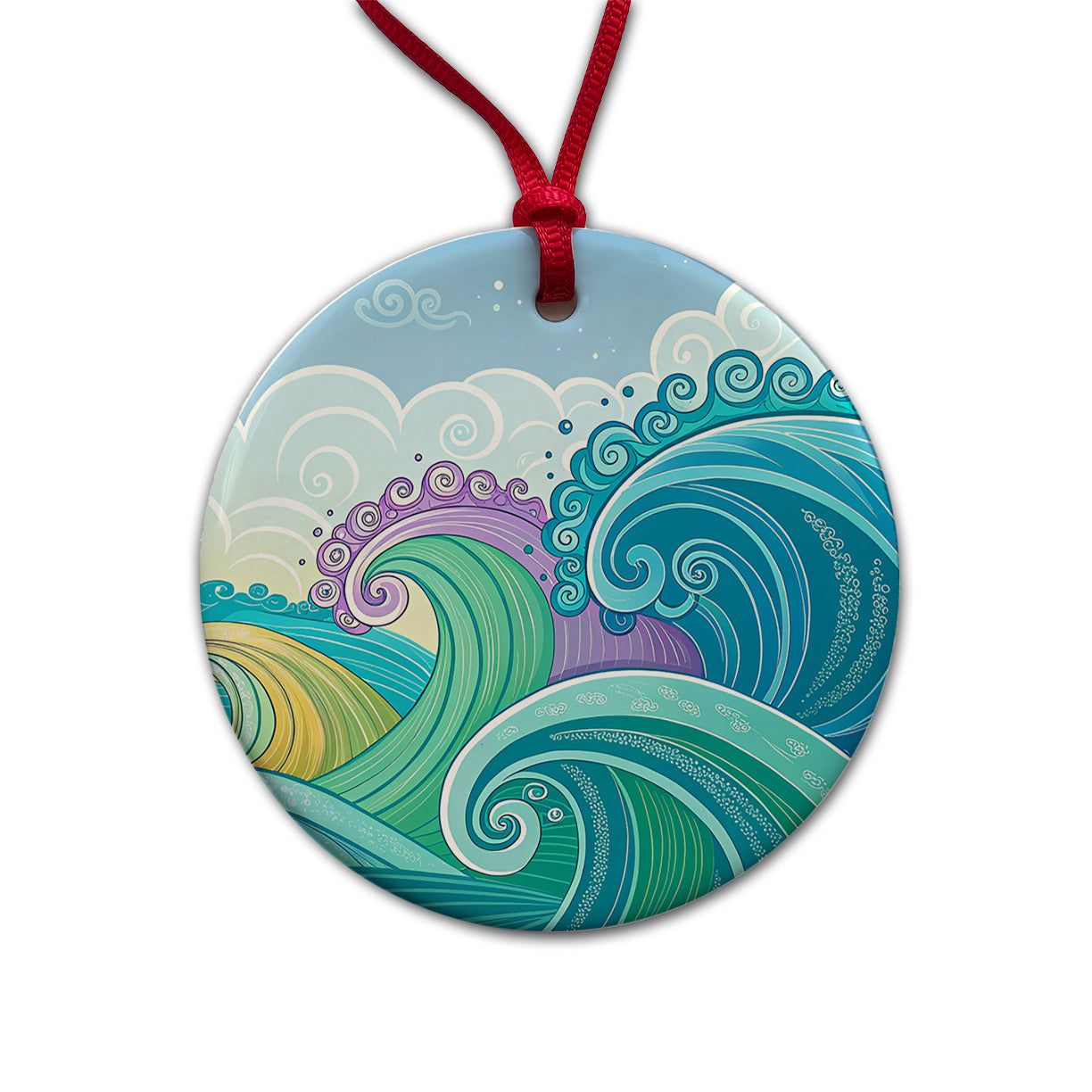 Groovy Ocean Waves Round Ceramic Holiday Christmas Tree Ornament