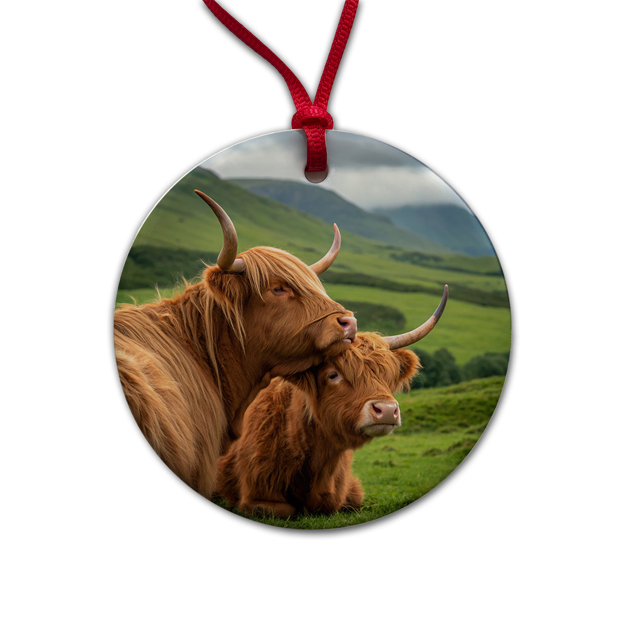 Highland Cows Hug Love Round Ceramic Holiday Christmas Tree Ornament