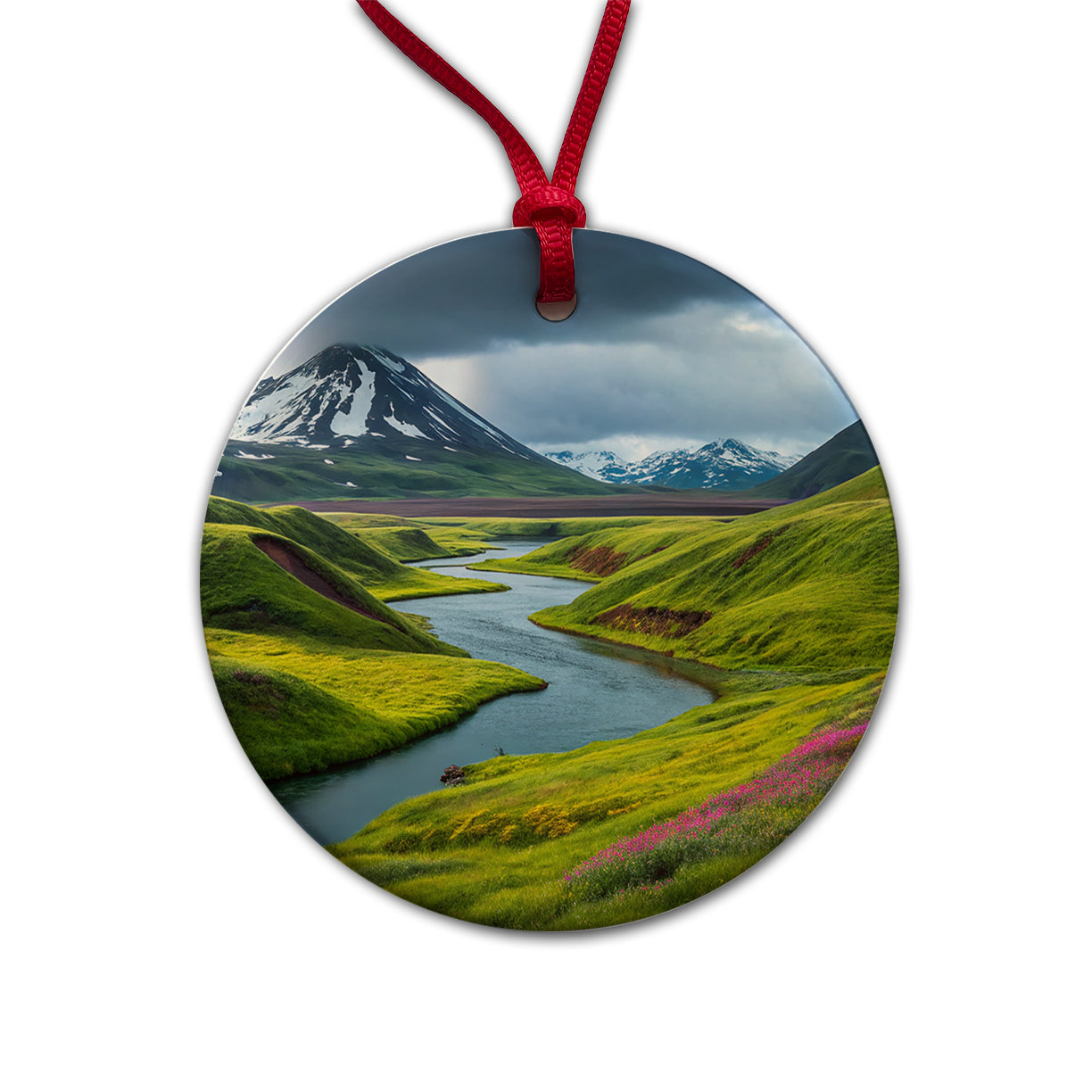 Iceland Beautiful Mountains Round Ceramic Holiday Christmas Tree Ornament
