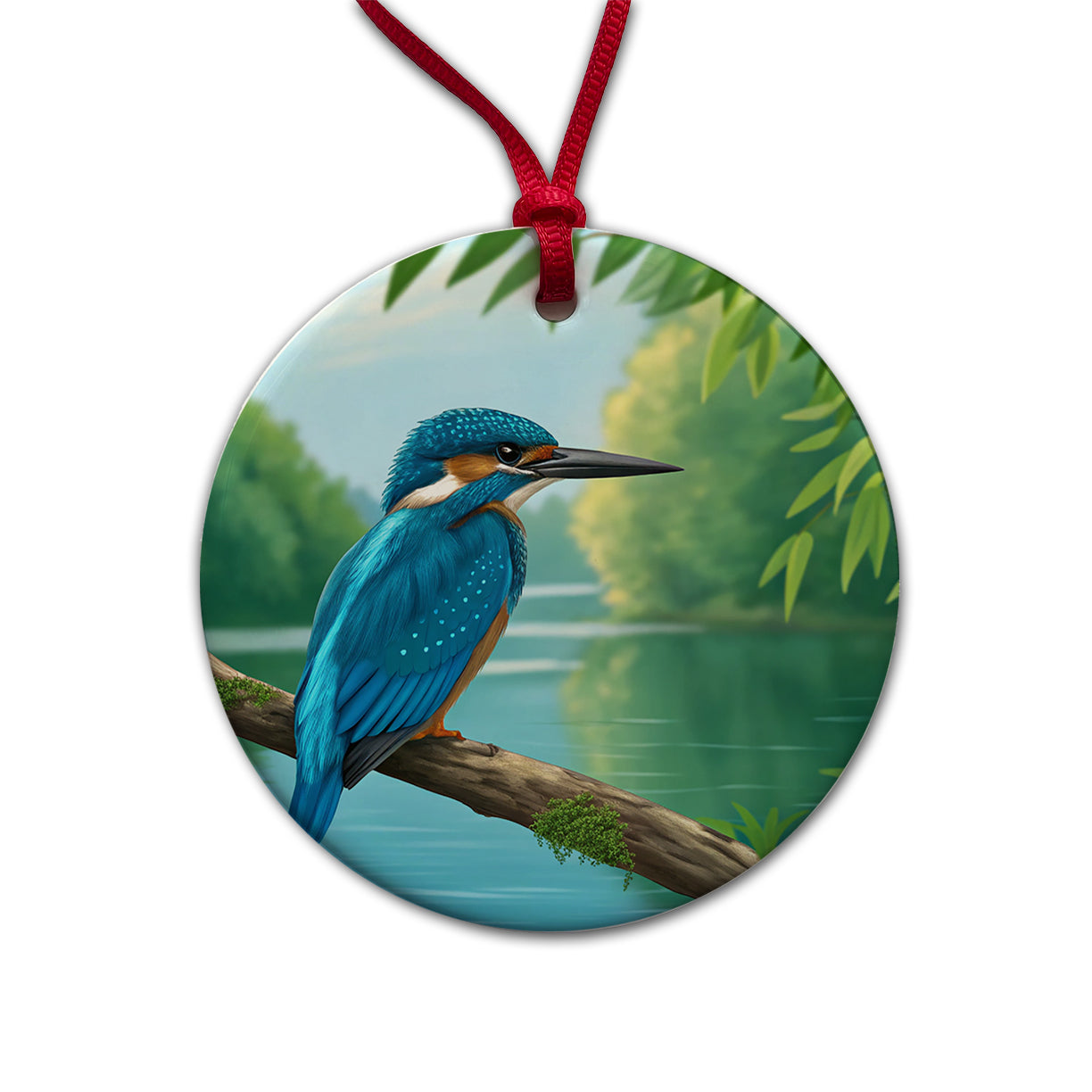 Kingfisher Bird On Branch Round Ceramic Holiday Christmas Tree Ornament