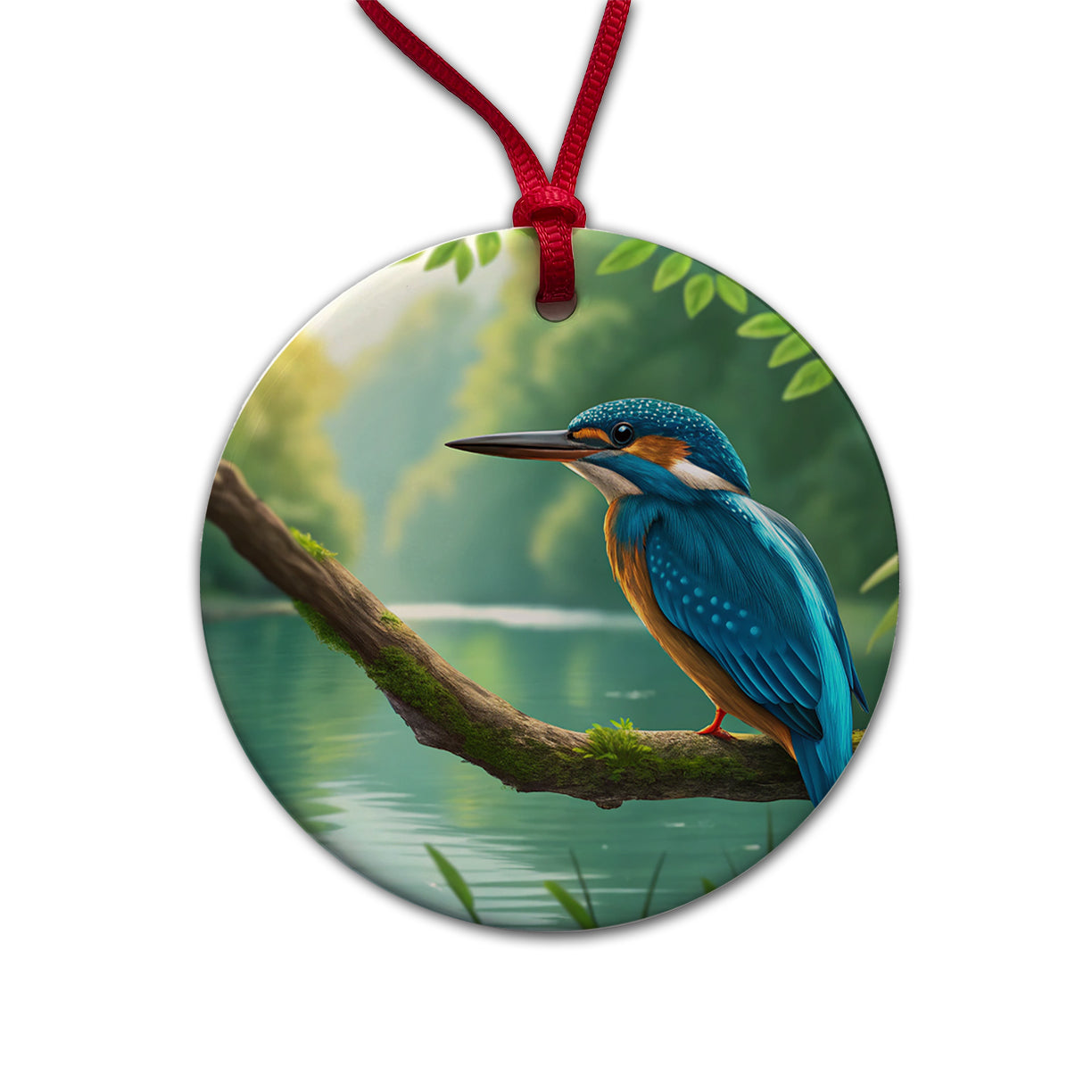 Kingfisher Blue Bird Round Ceramic Holiday Christmas Tree Ornament