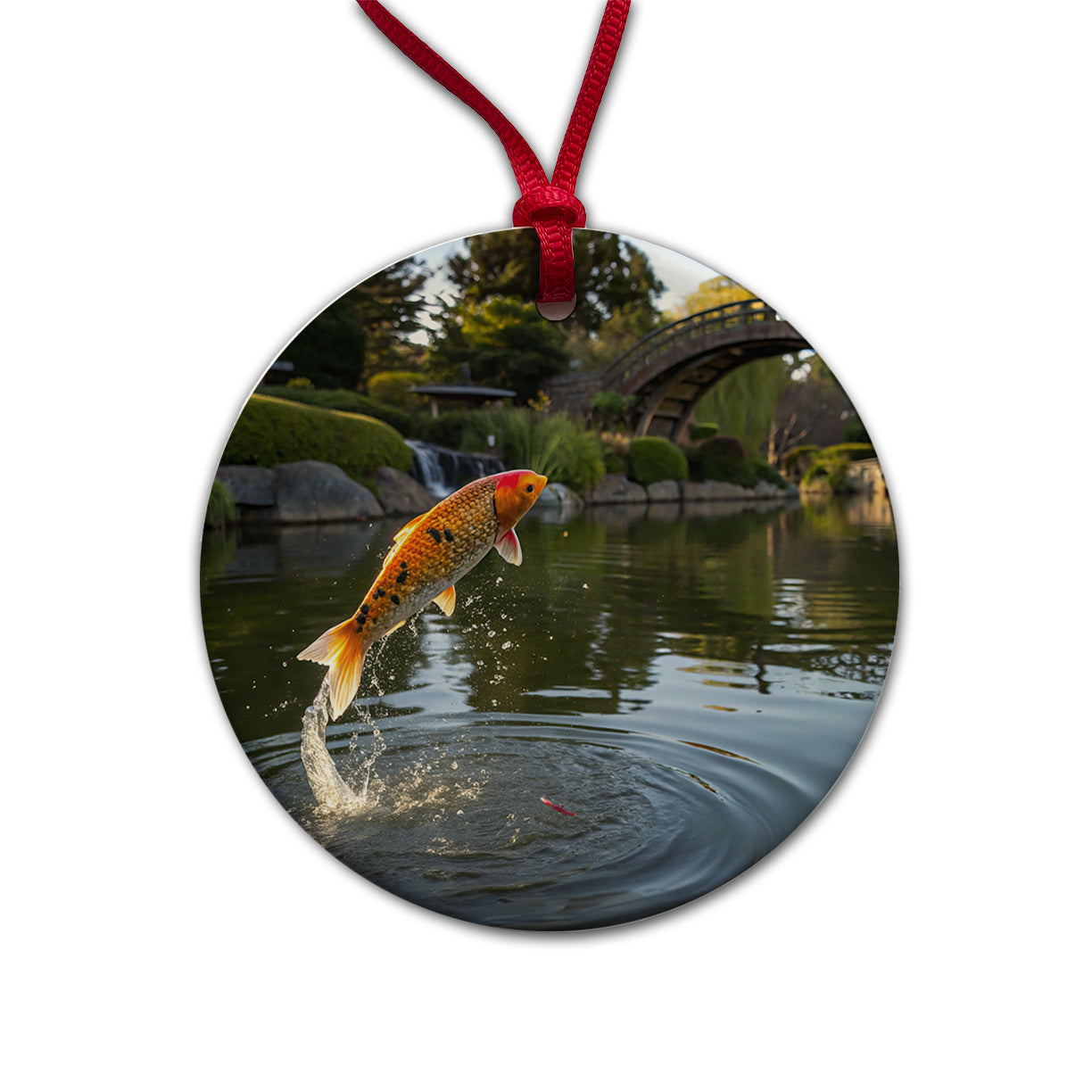Koi Fish Jumping Round Ceramic Holiday Christmas Tree Ornament