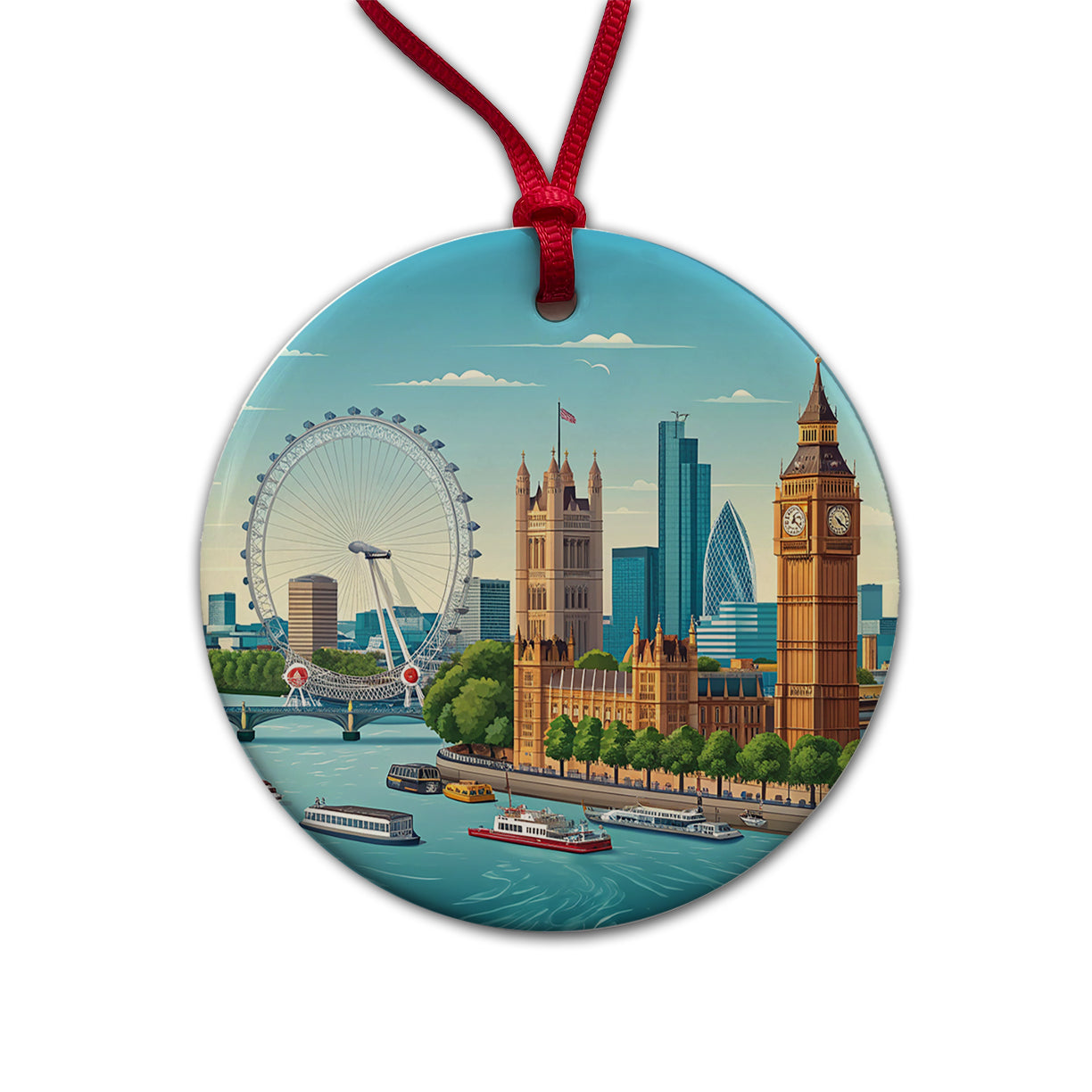 London England Drawing Travel Round Ceramic Holiday Christmas Tree Ornament