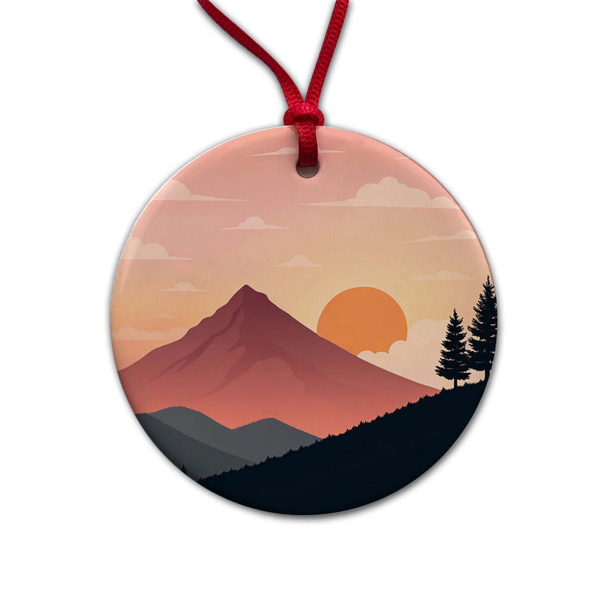 Lovely Mountain Sunset Round Ceramic Holiday Christmas Tree Ornament