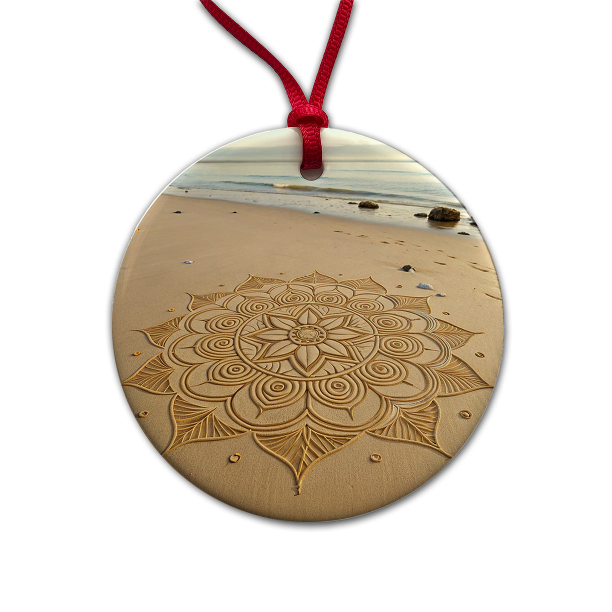 Mandala Pattern Drawn Into Beach Sand Round Ceramic Holiday Christmas Tree Ornament