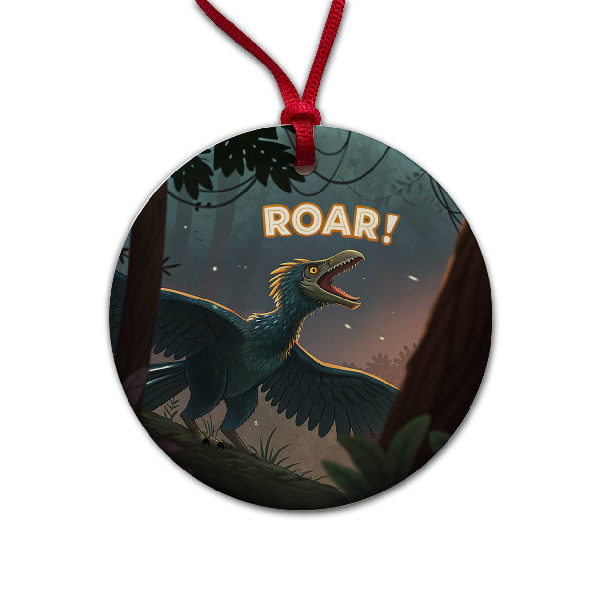 Microraptor Roar Dinosaur Round Ceramic Holiday Christmas Tree Ornament