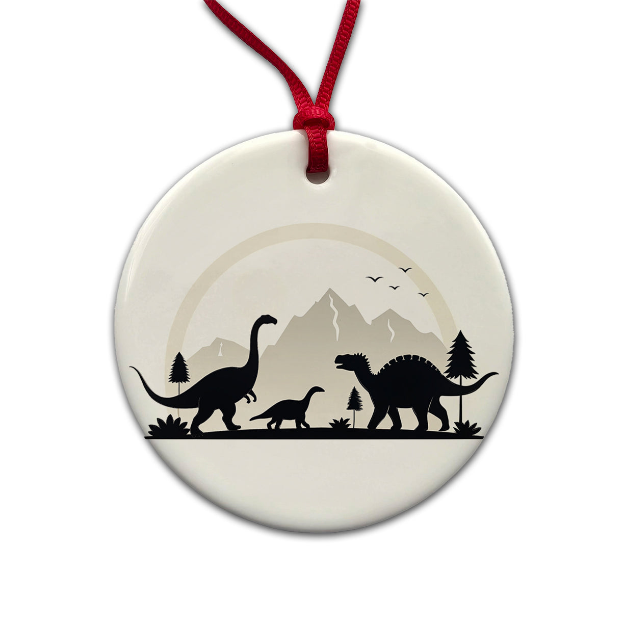 Minimalist Dinosaur Silhouettes Round Ceramic Holiday Christmas Tree Ornament