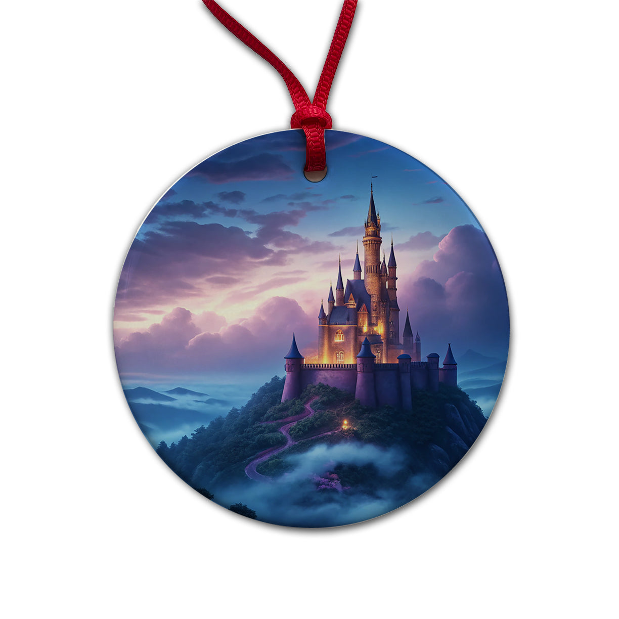 Mountaintop Castle Beautiful Fantasy Round Ceramic Holiday Christmas Tree Ornament