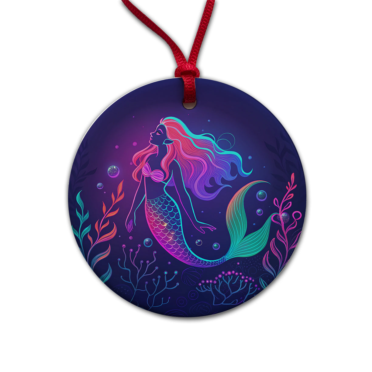 Neon Mermaid Beautiful Round Ceramic Holiday Christmas Tree Ornament