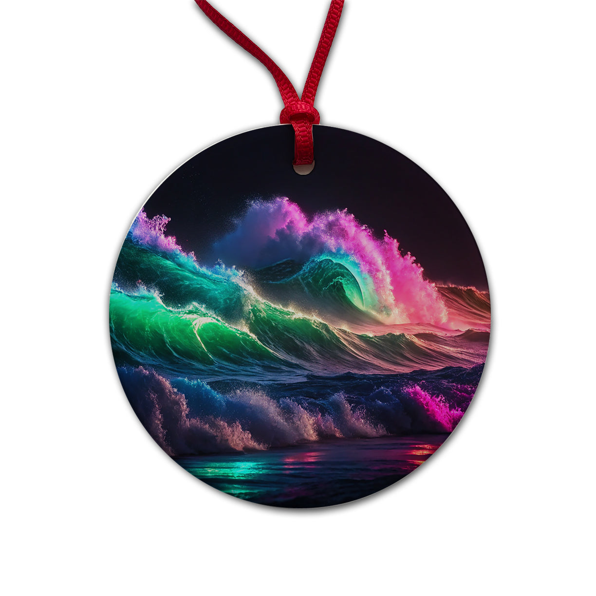Neon Ocean Waves Beach Round Ceramic Holiday Christmas Tree Ornament