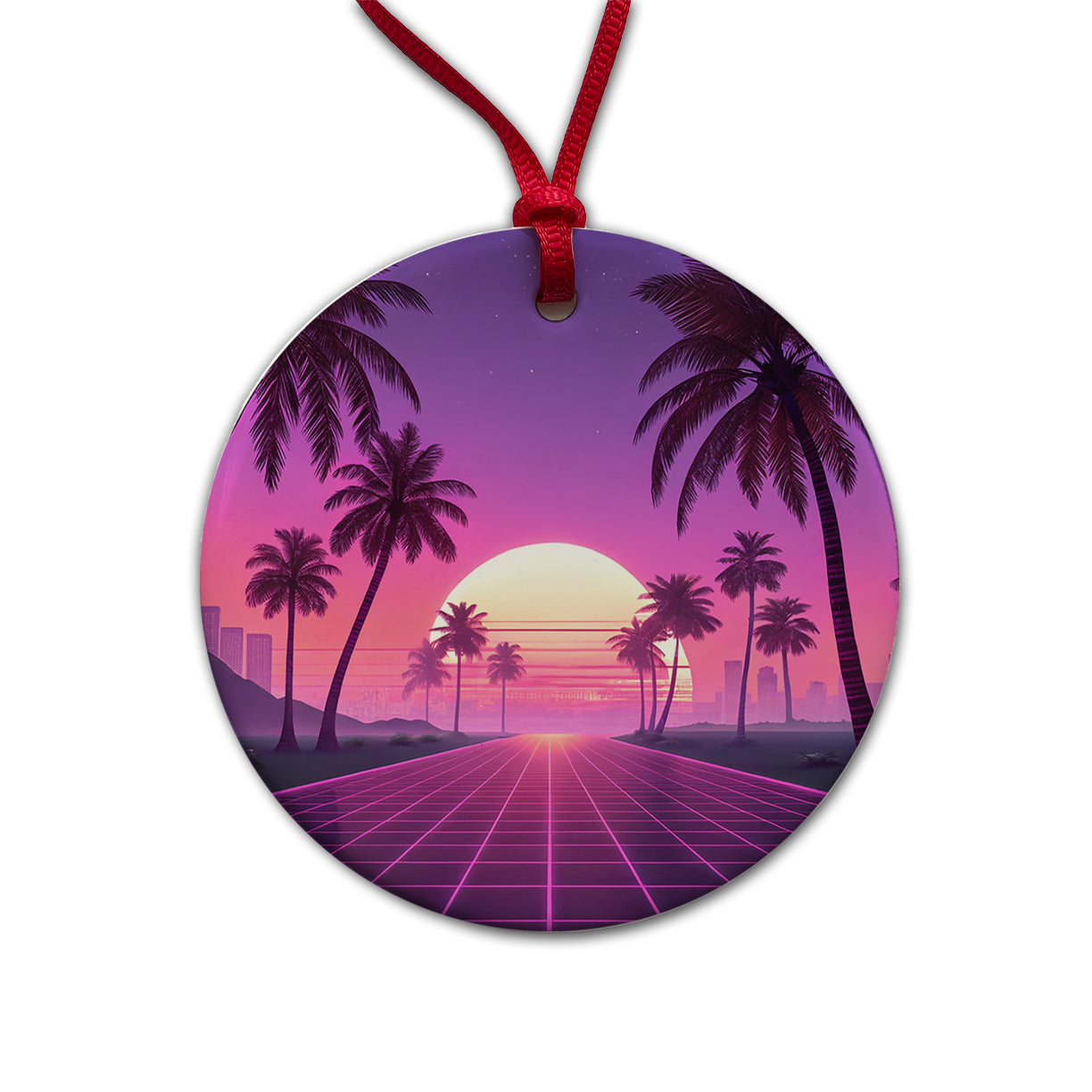 Neon Pinks Purples Palm Trees Sun Setting Round Ceramic Holiday Christmas Tree Ornament