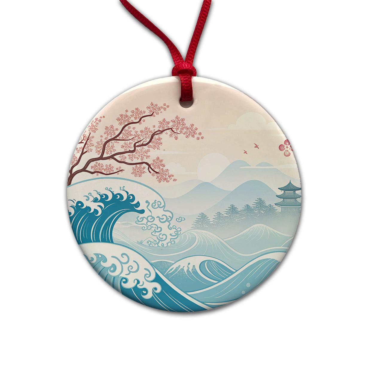 Ocean Waves Japanese Style Cherry Blossoms Round Ceramic Holiday Christmas Tree Ornament