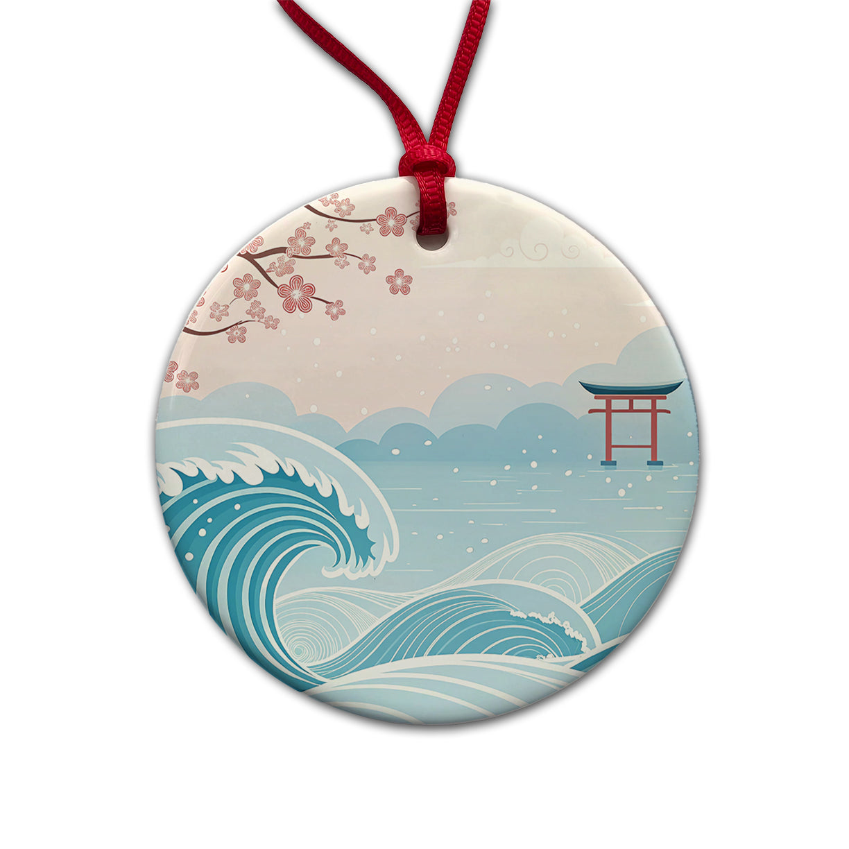 Ocean Waves Japanese Style Drawing Cherry Blossoms Round Ceramic Holiday Christmas Tree Ornament