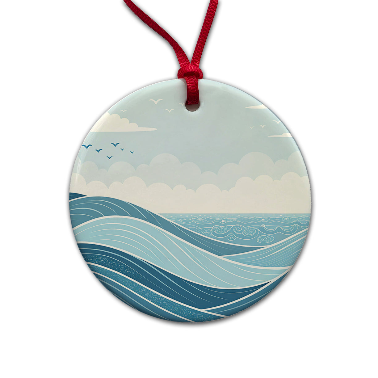 Ocean Waves Sketch Round Ceramic Holiday Christmas Tree Ornament
