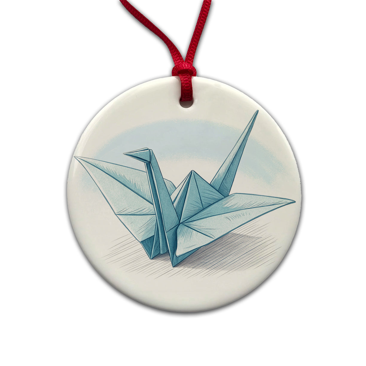 Origami Illustration Paper Crane Round Ceramic Holiday Christmas Tree Ornament