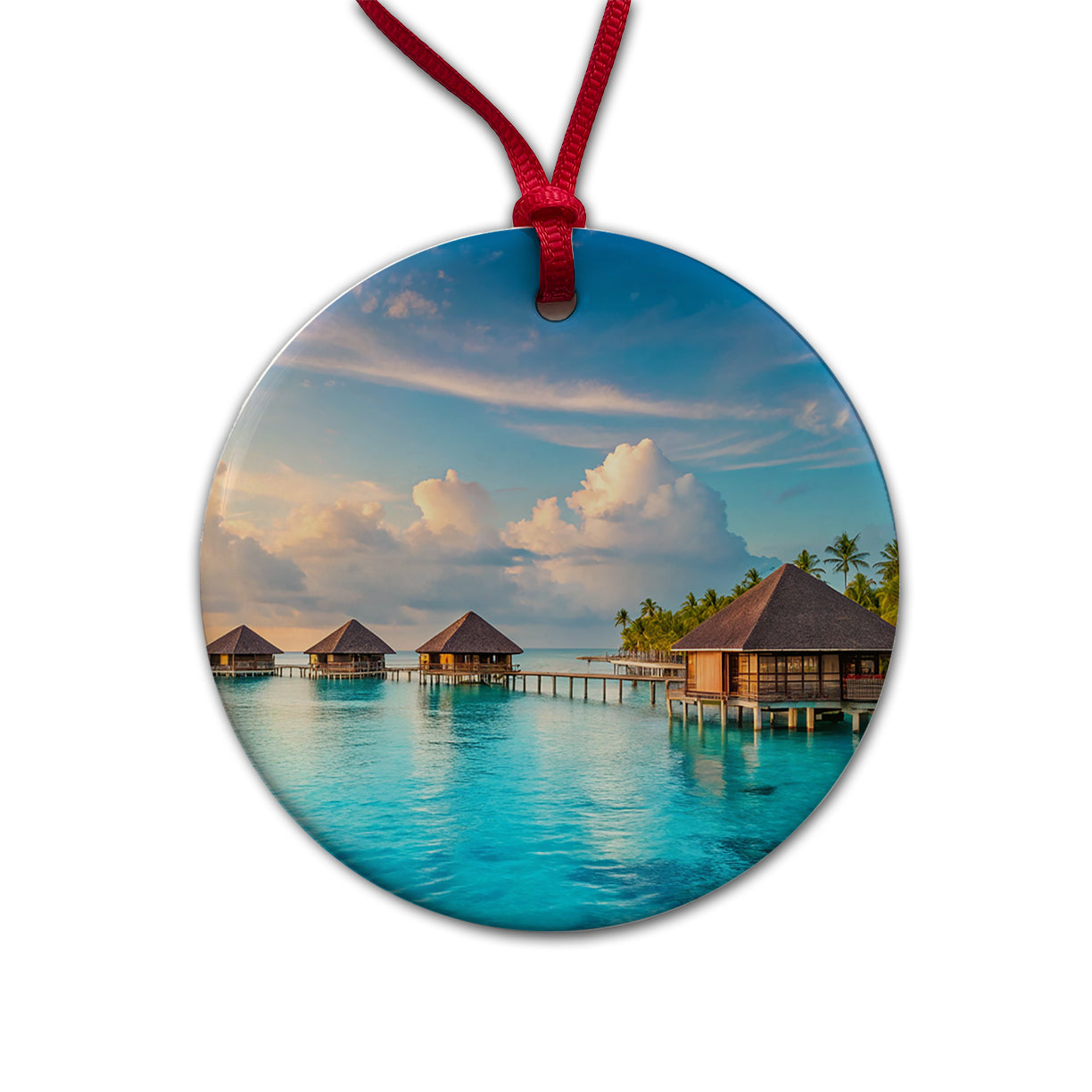 Over Water Bungalows Tropical Paradise Round Ceramic Holiday Christmas Tree Ornament