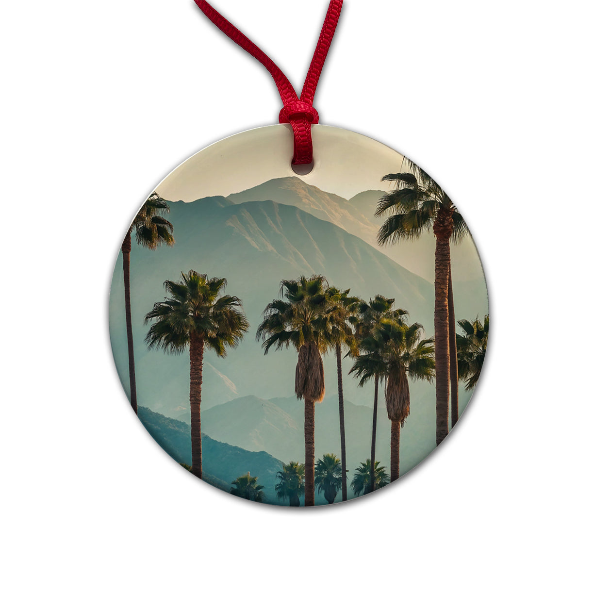 Palm Trees And Mountains Round Ceramic Holiday Christmas Tree Ornament