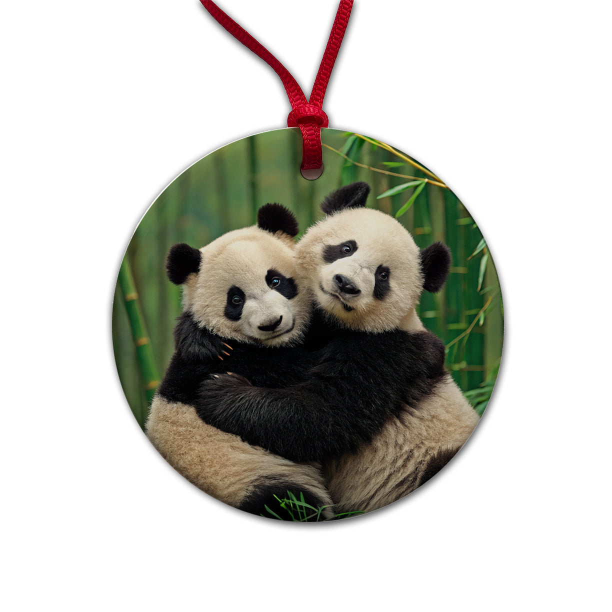 Pandas Hugging Love Round Ceramic Holiday Christmas Tree Ornament