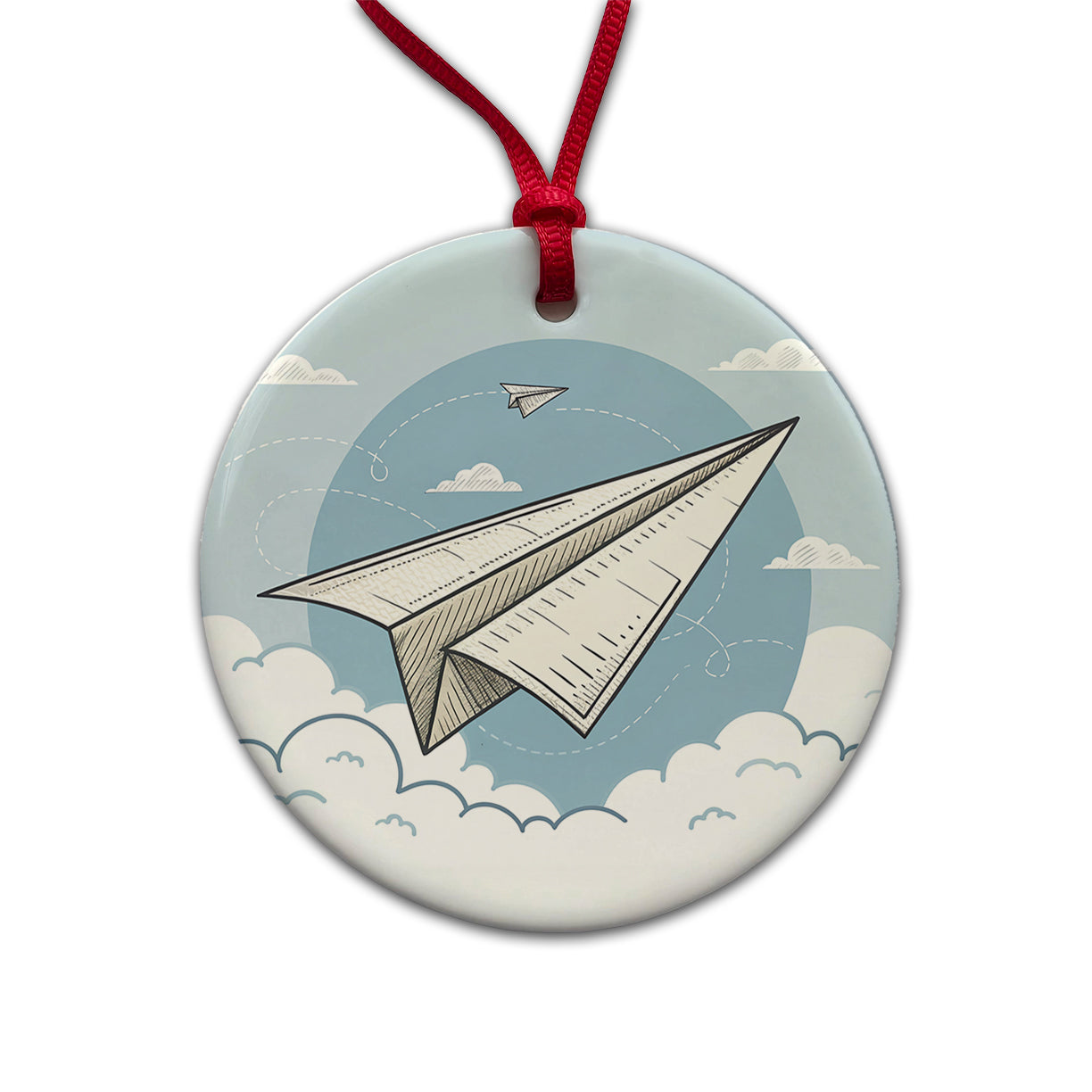 Paper Airplanes Flying Illustration Round Ceramic Holiday Christmas Tree Ornament