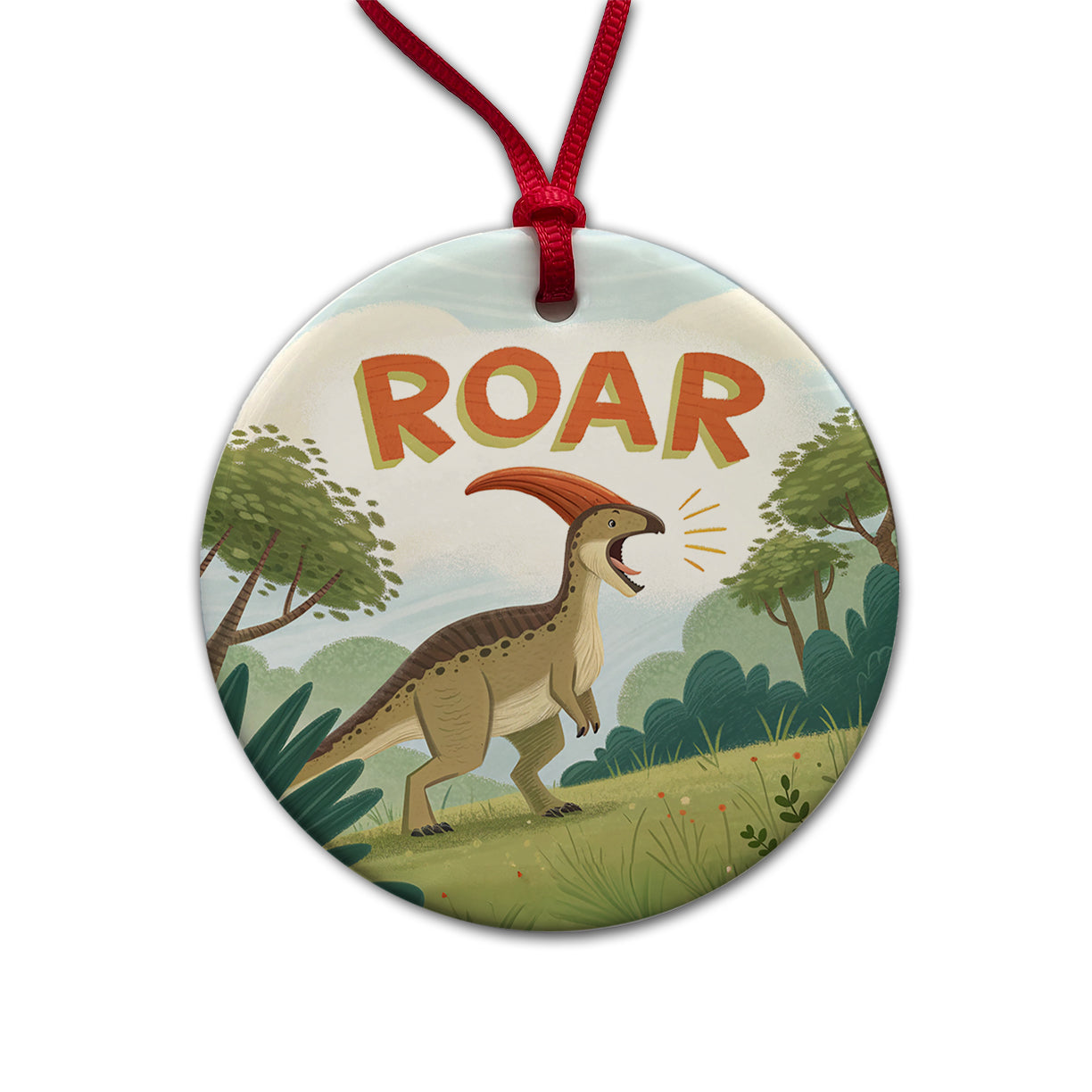 Parasaurolophus With Roar Bold Dinosaur Round Ceramic Holiday Christmas Tree Ornament