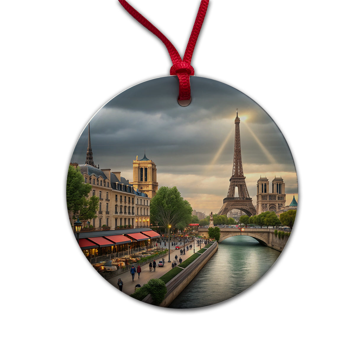 Paris France Cloudy Eiffel Tower Round Ceramic Holiday Christmas Tree Ornament