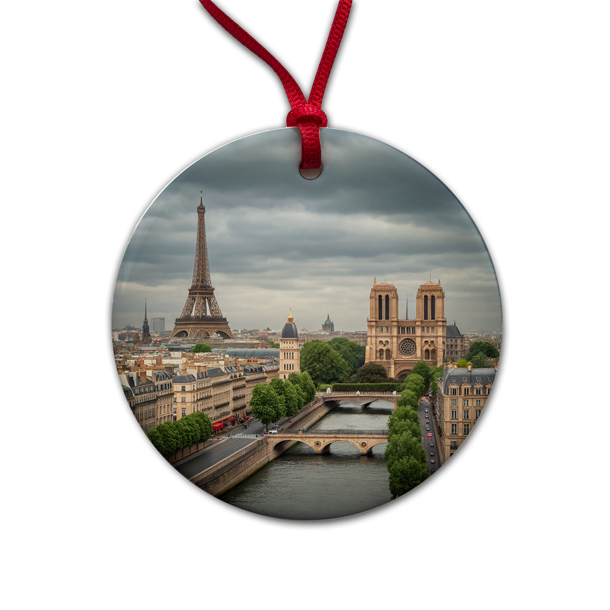 Paris France Travel Eiffel Tower Notre-Dame City Round Ceramic Holiday Christmas Tree Ornament