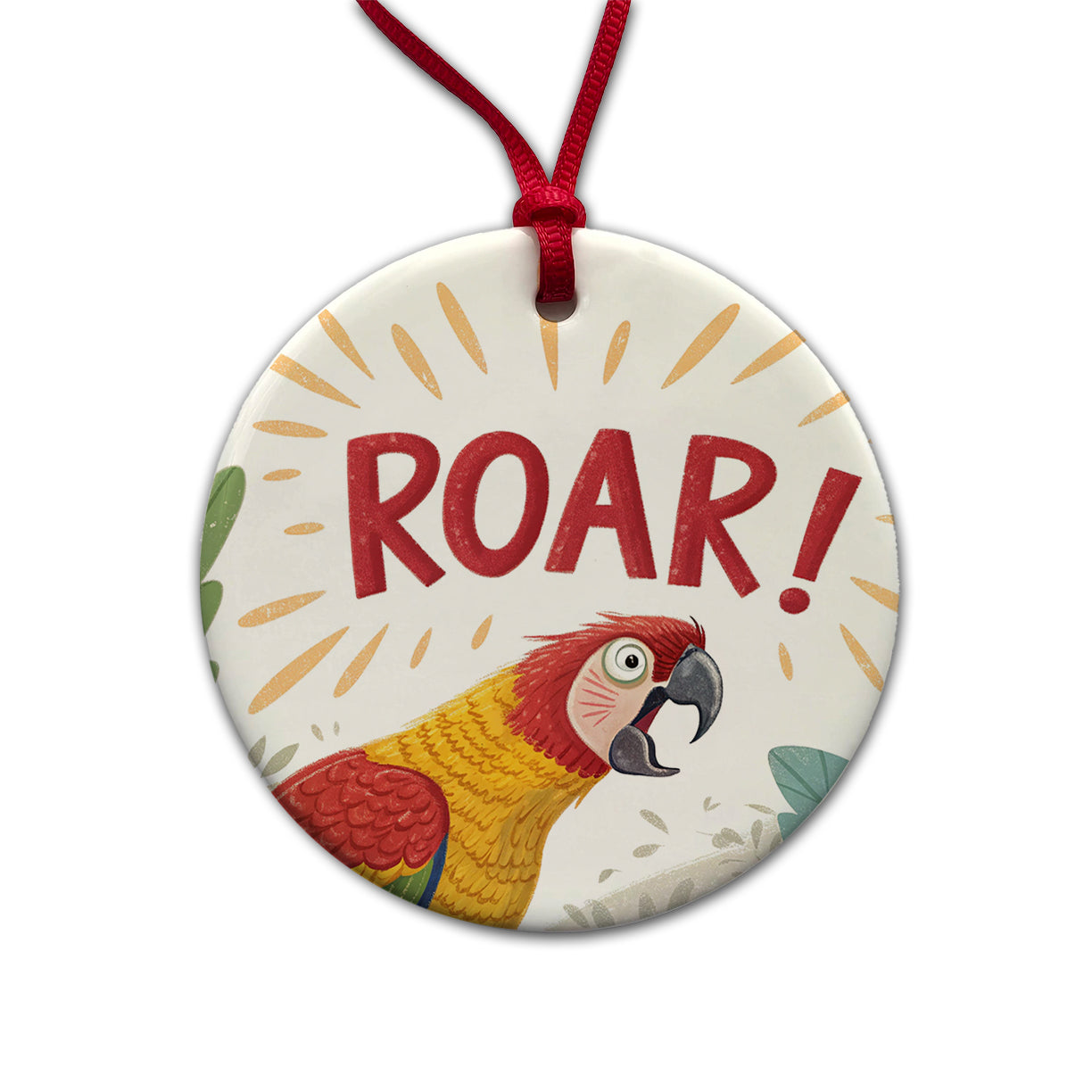 Parrot With Roar Bold Text Funny Round Ceramic Holiday Christmas Tree Ornament