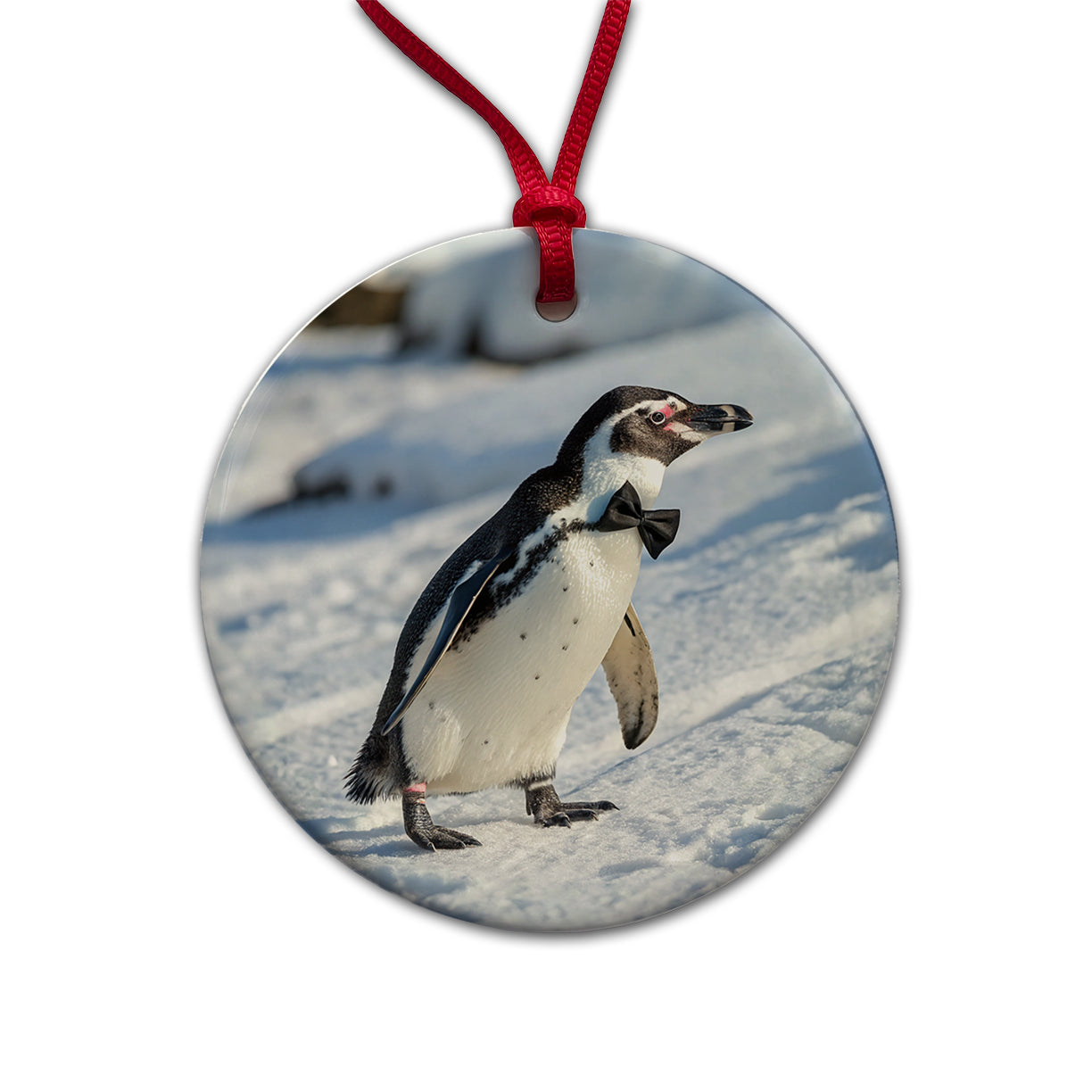Penguin Wearing Bow Tie Funny Round Ceramic Holiday Christmas Tree Ornament