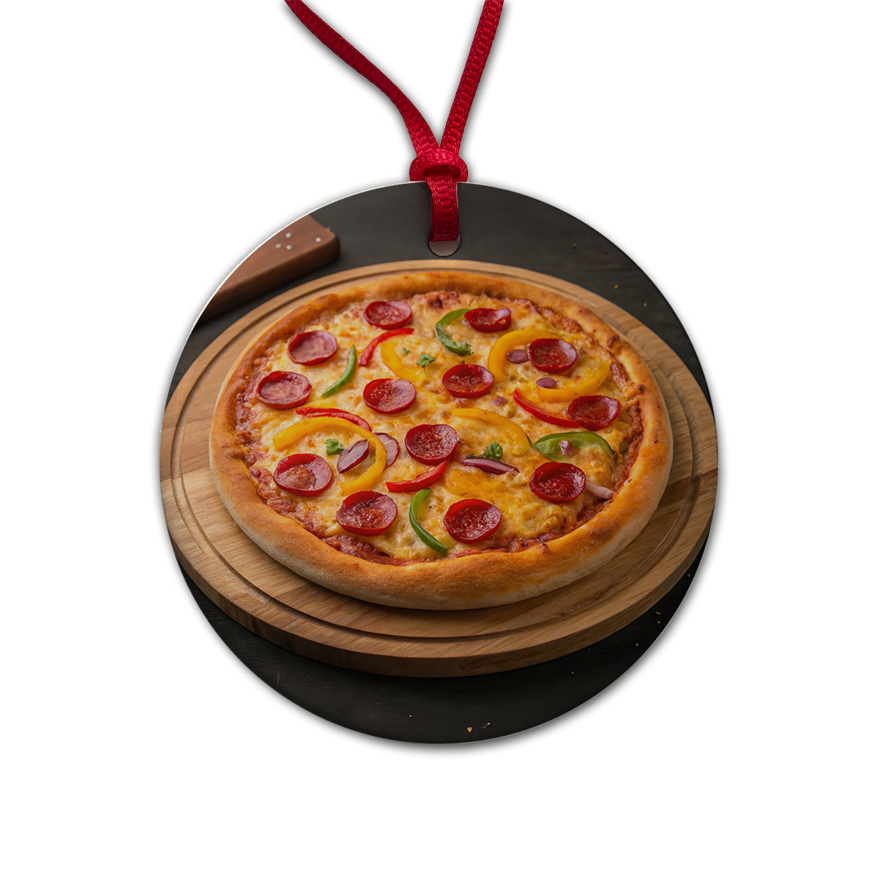Pepperoni Pepper Pizza Round Ceramic Holiday Christmas Tree Ornament