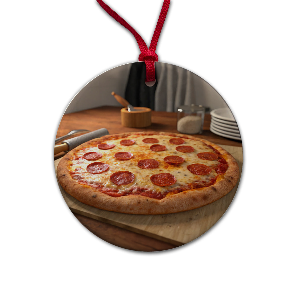 Pepperoni Pizza Yummy Dinner Round Ceramic Holiday Christmas Tree Ornament