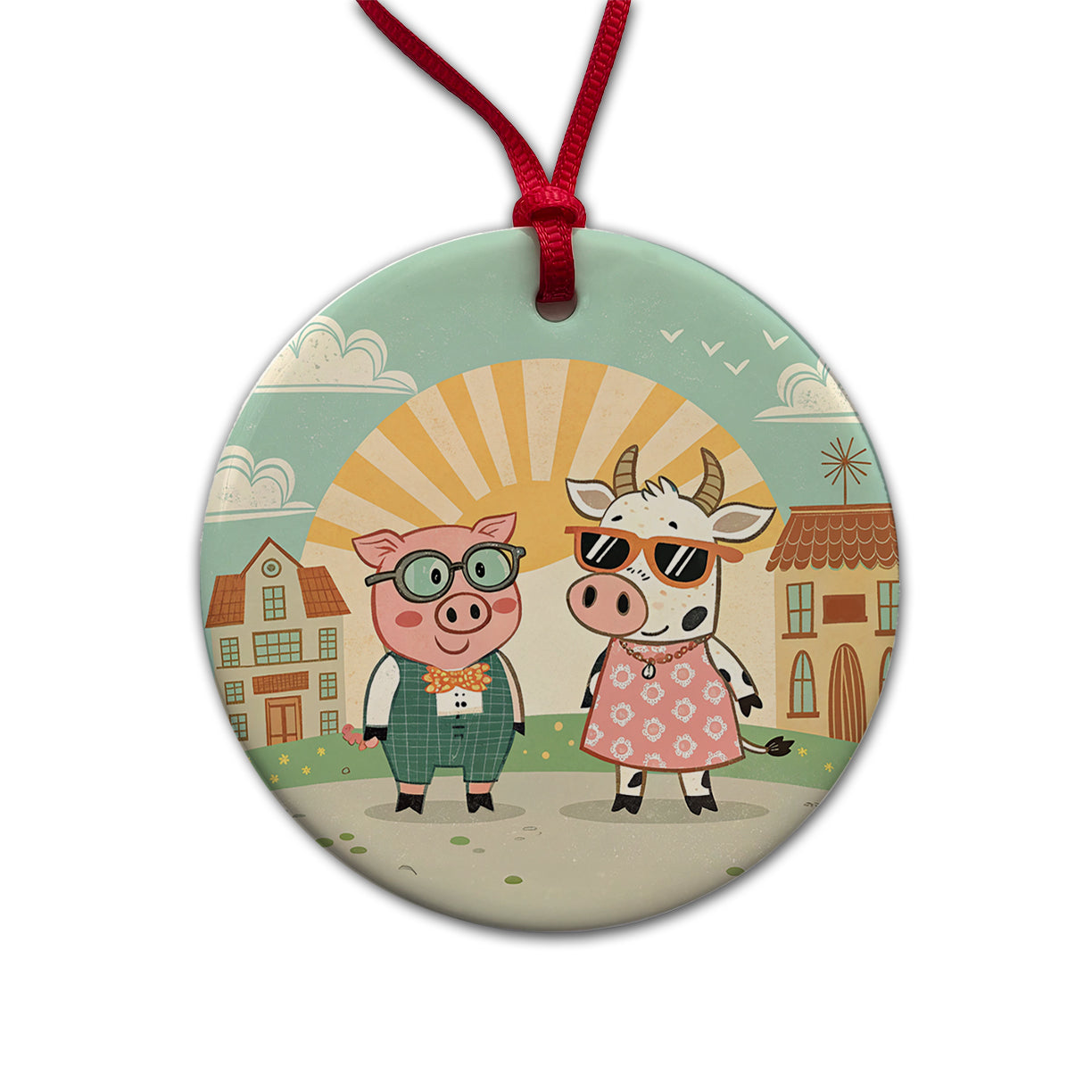 Pig And Cow Wearing Glasses Sunglasses Round Ceramic Holiday Christmas Tree Ornament