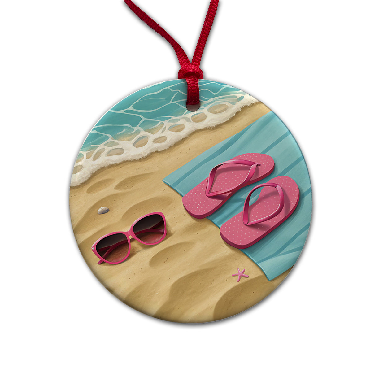 Pink Sunglasses Flip Flops Towel On Sand Beach Round Ceramic Holiday Christmas Tree Ornament