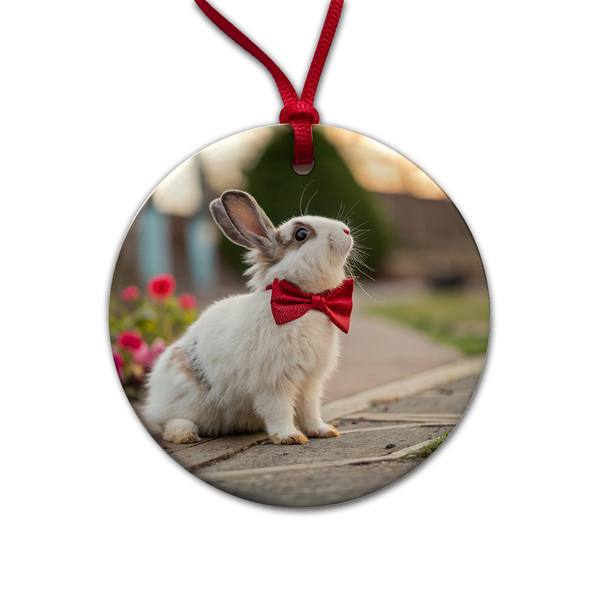 Rabbit Wearing Bow Tie Funny Easter Round Ceramic Holiday Christmas Tree Ornament