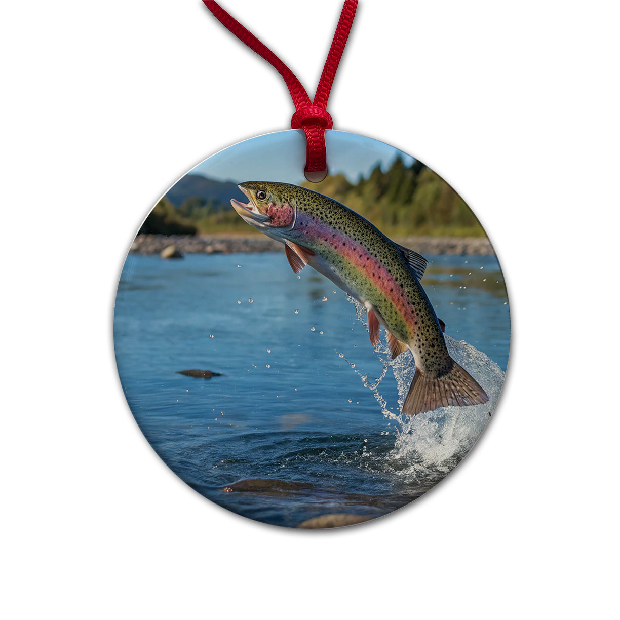 Rainbow Trout Fish Jumping Fishing Round Ceramic Holiday Christmas Tree Ornament
