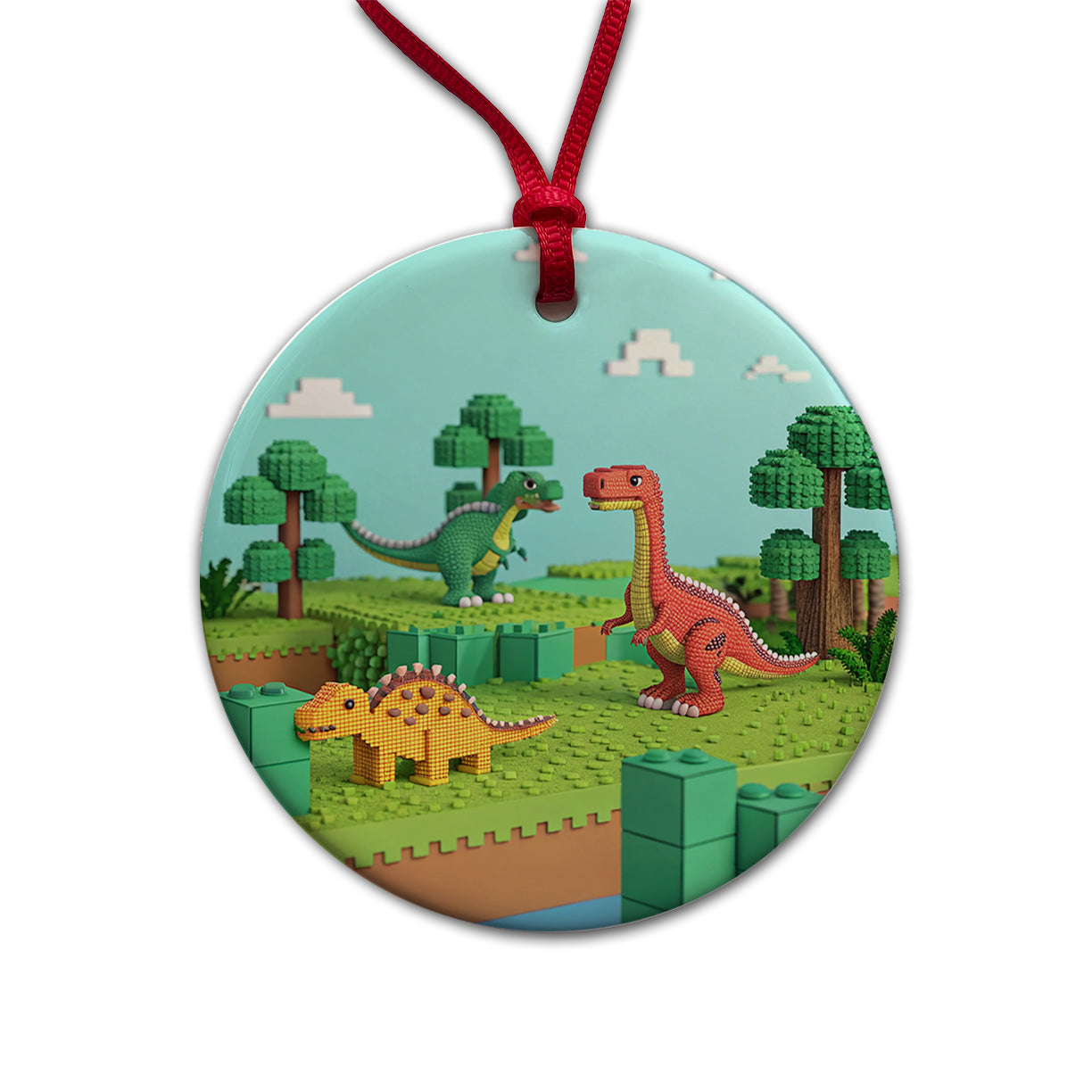 Retro 8 Bit Pixel Art Style Dinosaurs Roaming Round Ceramic Holiday Christmas Tree Ornament