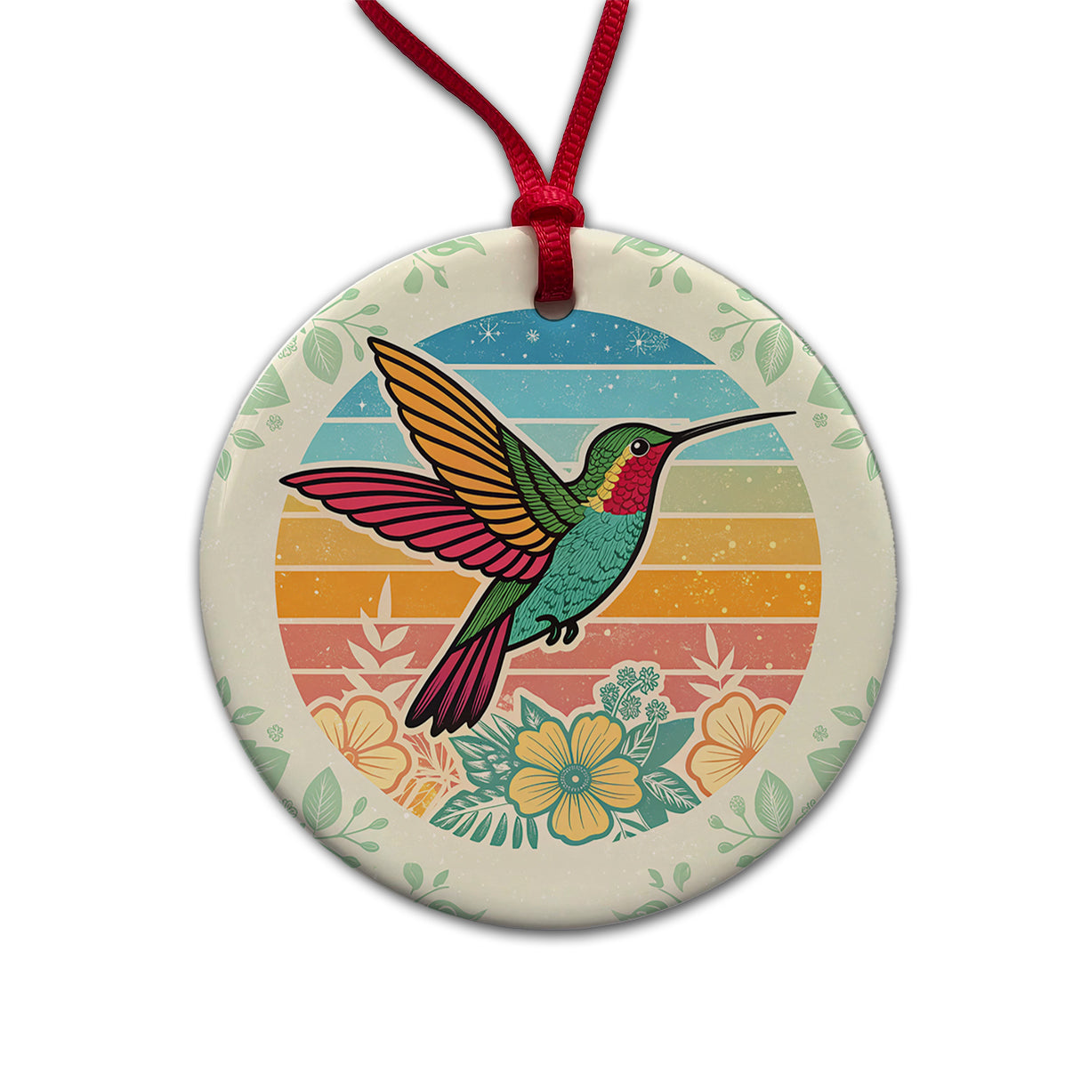 Retro Hummingbird Colorful Round Ceramic Holiday Christmas Tree Ornament
