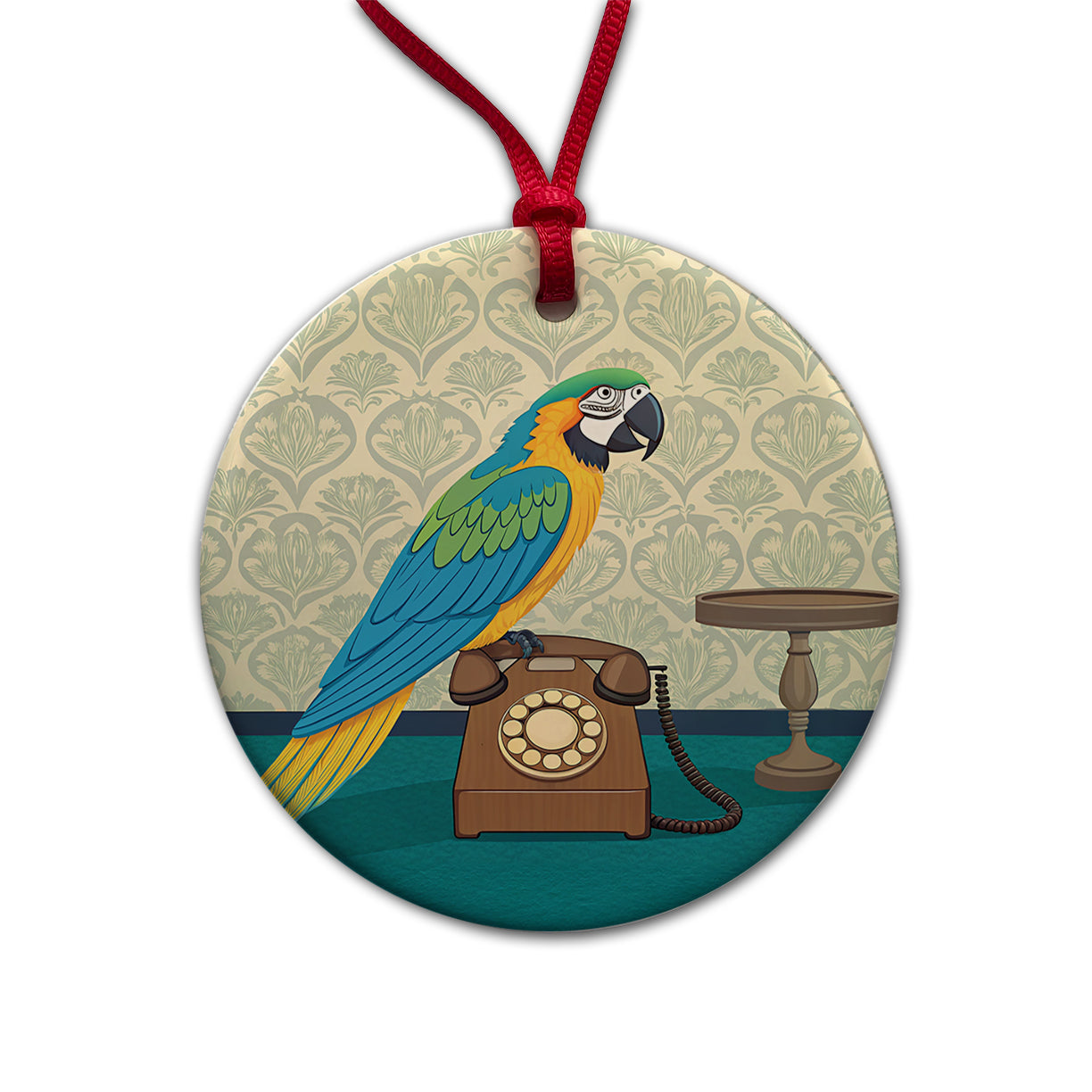 Retro Macaw Phone Bird Round Ceramic Holiday Christmas Tree Ornament
