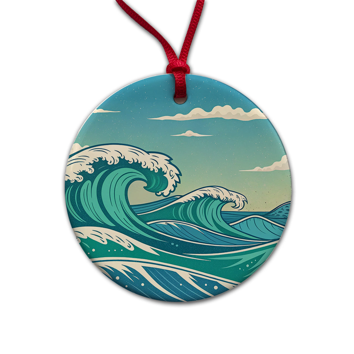 Retro Ocean Waves High Surf Round Ceramic Holiday Christmas Tree Ornament