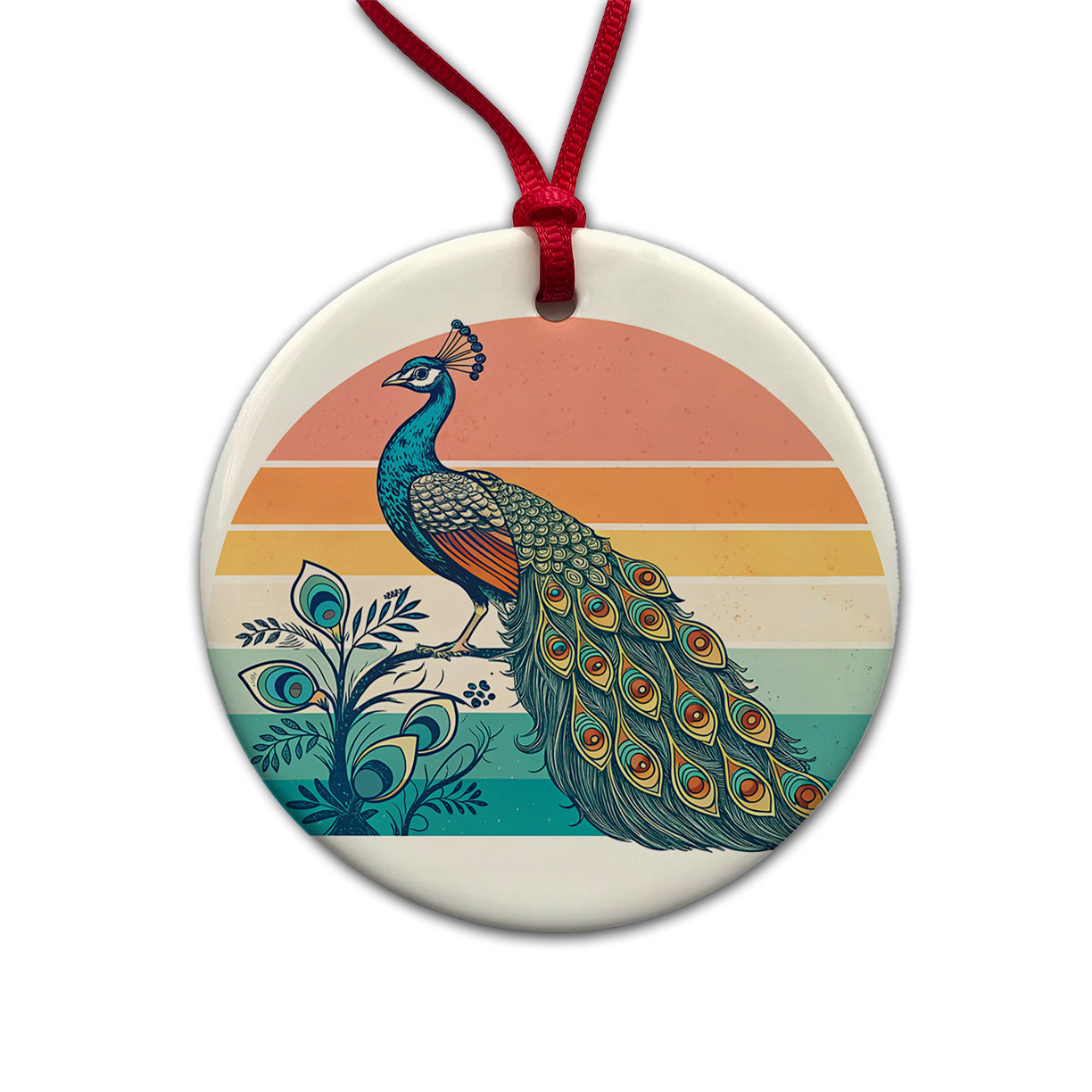 Retro Peacock Sun Round Ceramic Holiday Christmas Tree Ornament